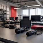 Lab desk with camera lens and microphone representing AI inputs