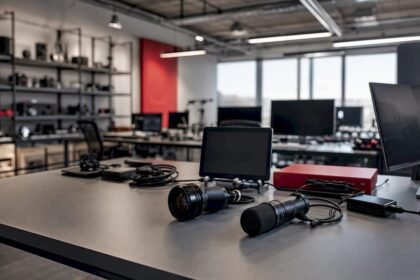 Lab desk with camera lens and microphone representing AI inputs