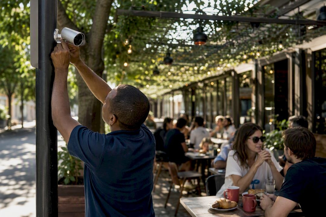 Partial view of surveillance cameras and hand adjusting lens