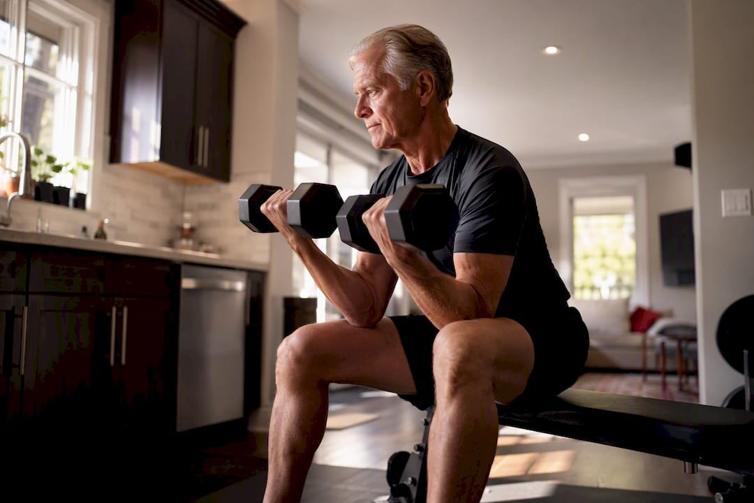 Older adult lifting dumbbells at home gym
