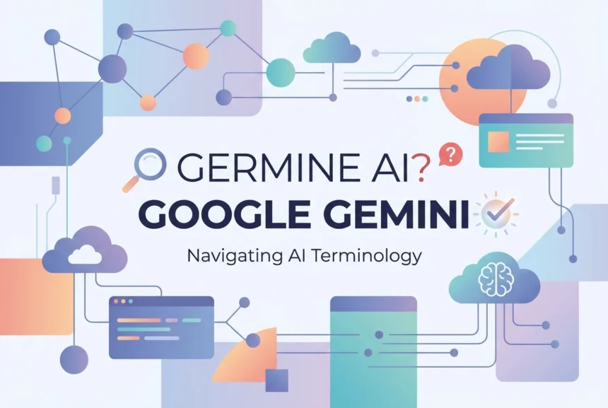 Professional header image for educational tutorial: What Is Germine AI? You're Probably Looking for Google Ge...