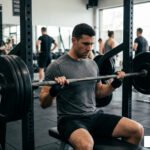 weightlifter preparing for a heavy barbell bench press on gym bench