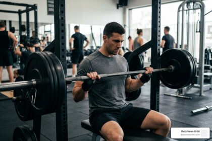 weightlifter preparing for a heavy barbell bench press on gym bench