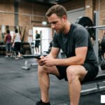 Man logging weightlifting sets and reps on a smartphone workout app between gym exercises