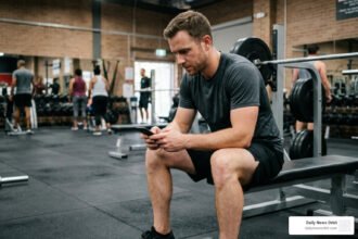 Man logging weightlifting sets and reps on a smartphone workout app between gym exercises