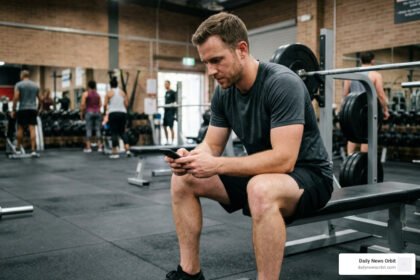 Man logging weightlifting sets and reps on a smartphone workout app between gym exercises