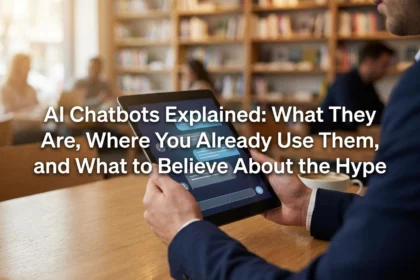 Professional header image for list-based article: AI Chatbots Explained: What They Are, Where You Already U...