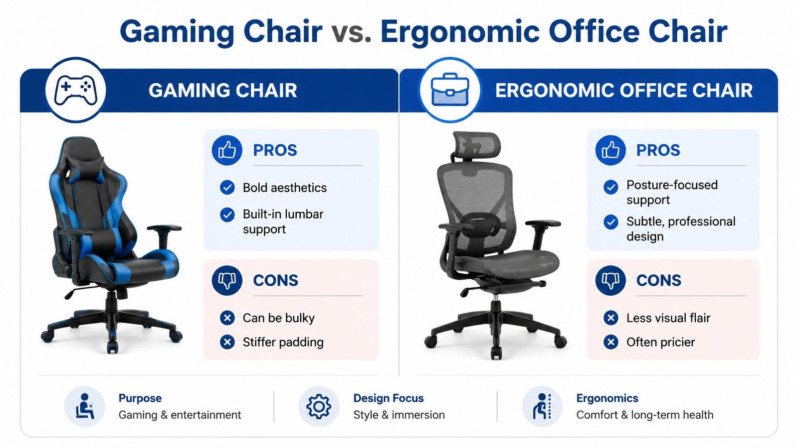 A comparison chart showing the pros and cons of gaming chairs versus ergonomic office chairs.