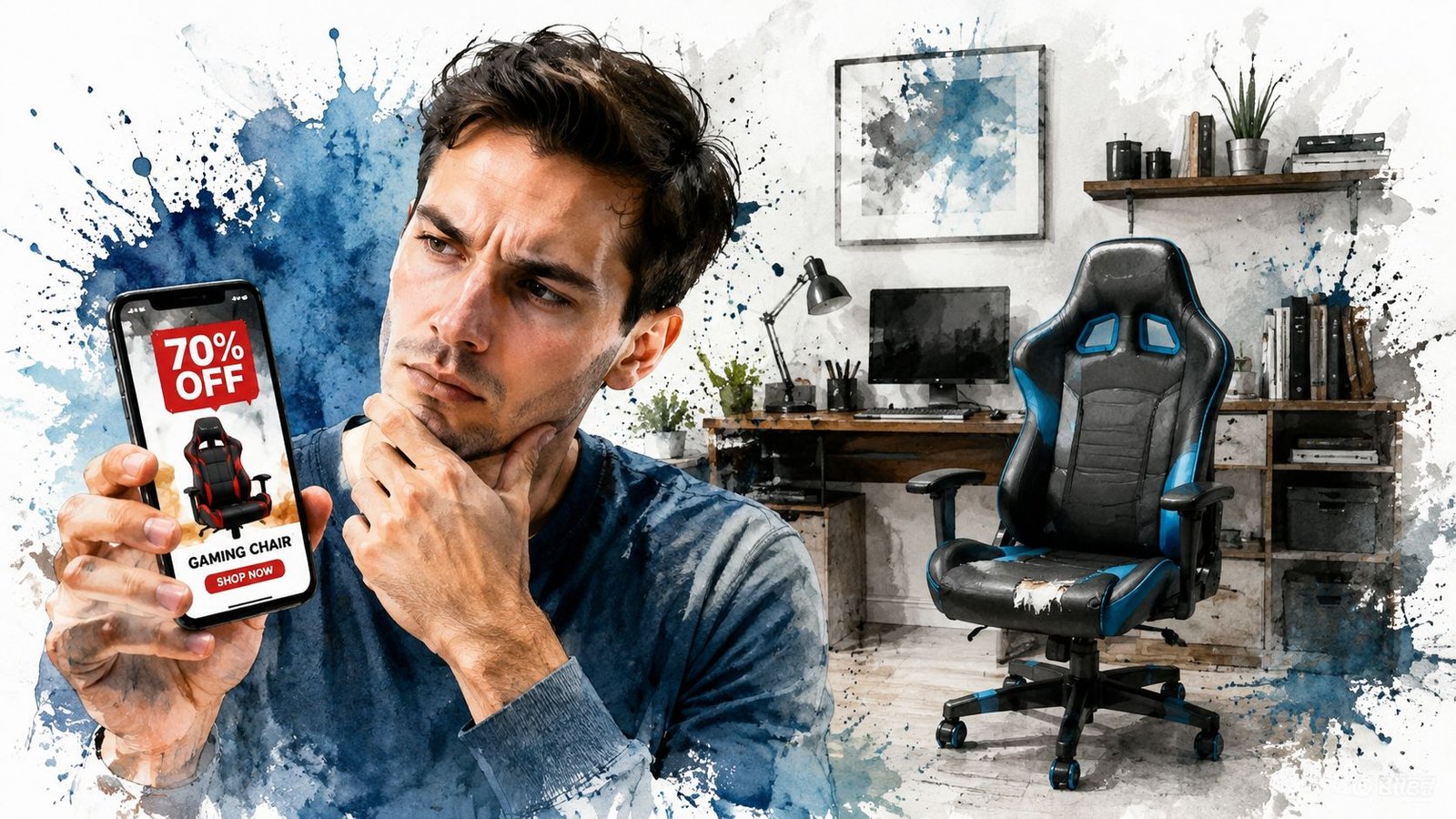 A contemplative man holding a smartphone displaying a 70% off discount for a gaming chair.