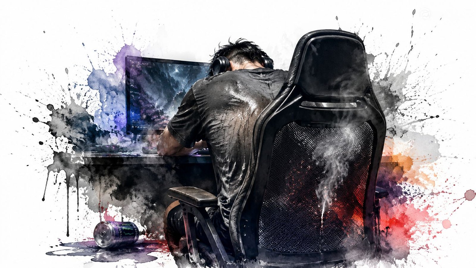 A sweaty gamer sits in a black ergonomic chair playing a video game amidst colorful watercolor splashes.