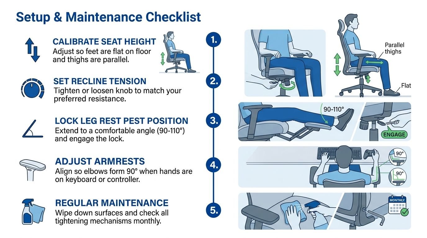 An infographic showing a five-step setup and maintenance guide for a gaming chair with a leg rest.