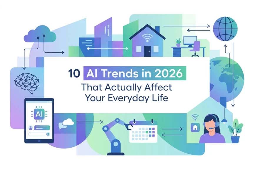 Professional header image for list-based article: 10 AI Trends in 2026 That Actually Affect Your Everyday Life